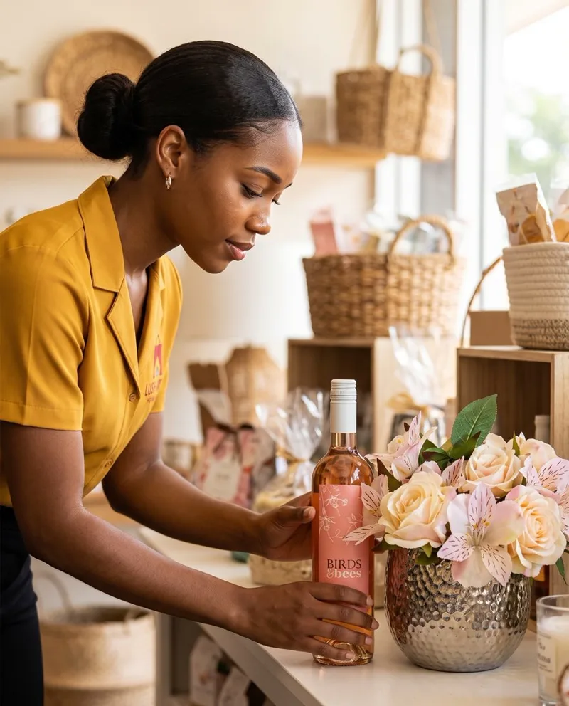 A Lush Lavish team member arranging a display inside the Ocho Ríos shop