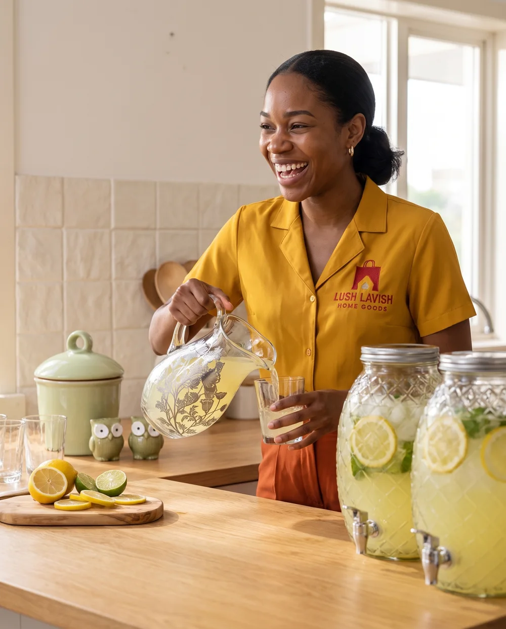 Amara pouring lemonade at a home gathering with two pineapple-cut glass dispensers, silver poppy pitcher, sage canister and owl shakers