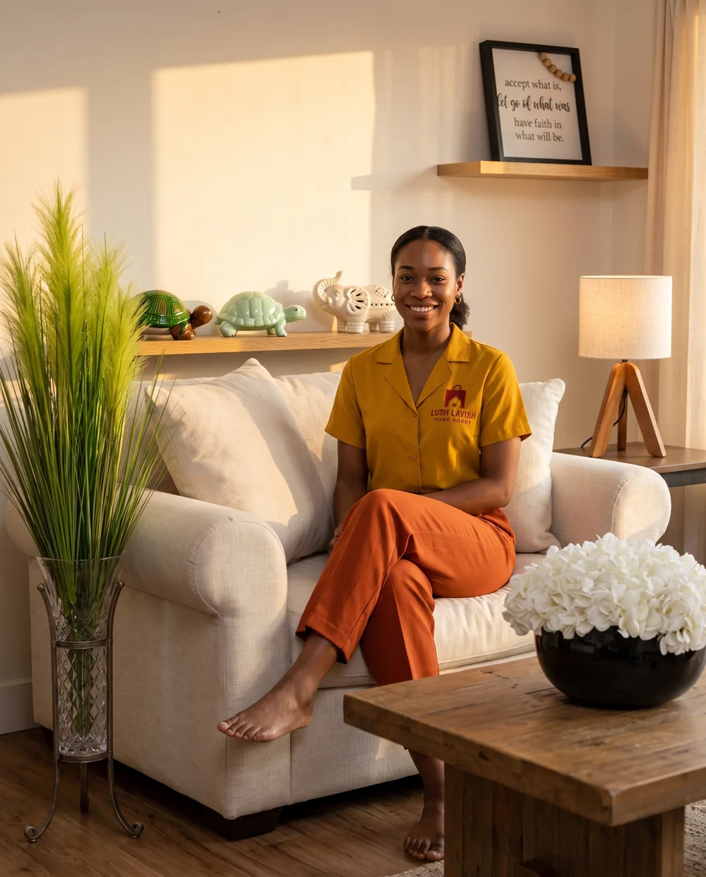Amara relaxing on a cream sofa in a living room styled with Lush Lavish pieces — cut-glass floor vase with grasses, hydrangea bowl, turtle pair, lattice elephant and tripod lamp