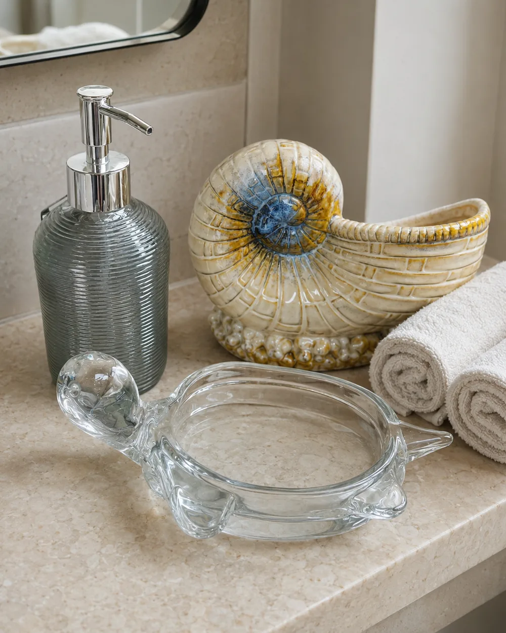 Coordinated bath vanity set with ribbed glass dispenser, shell catch-all and glass turtle dish
