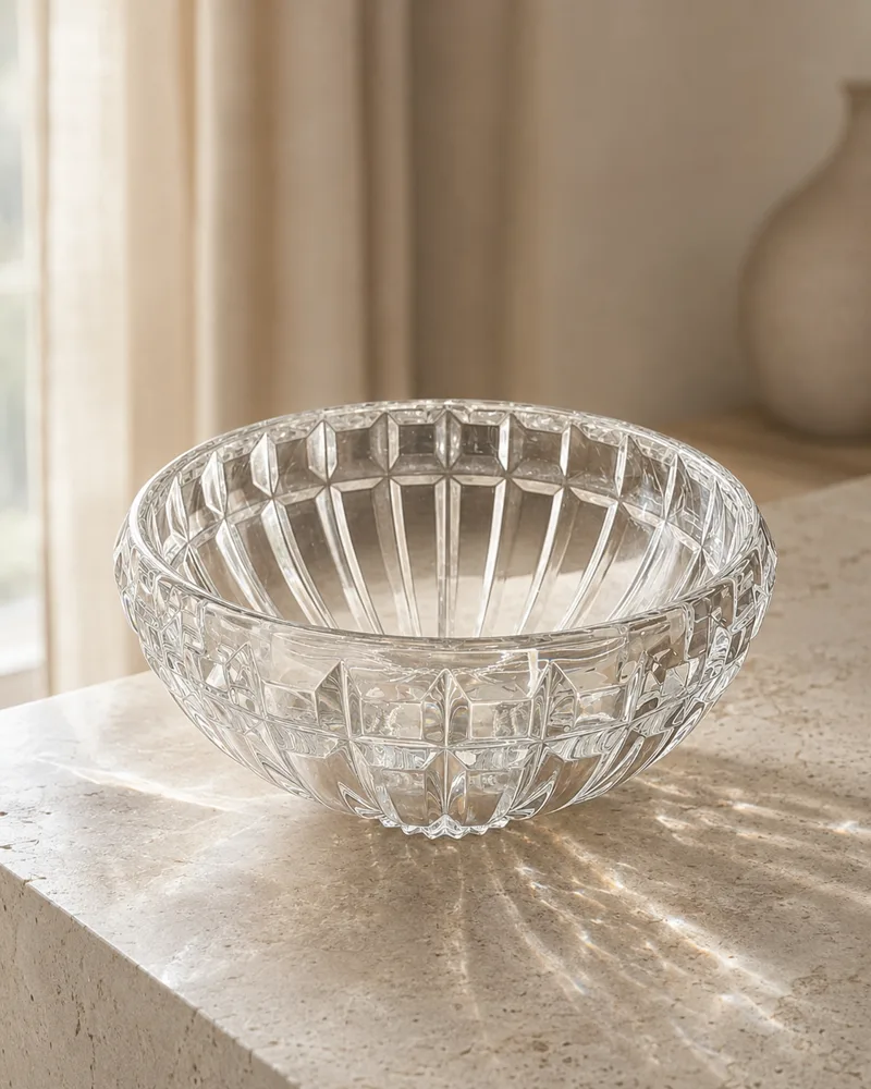 Clear faceted cut-glass bowl catching sunlight on a limestone console