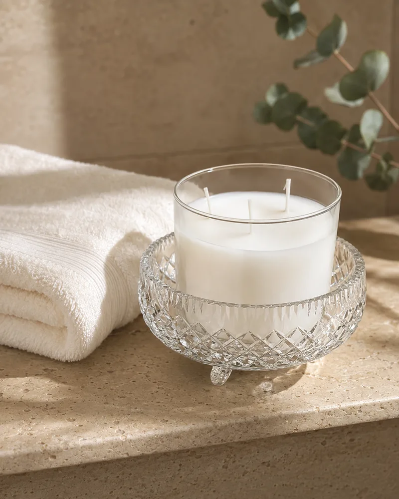 Three-wick candle nested in a cut-crystal bowl on a travertine spa shelf