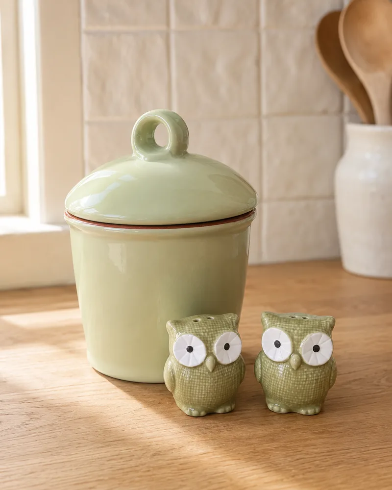 Sage green ceramic canister and owl salt-and-pepper shakers on a kitchen counter