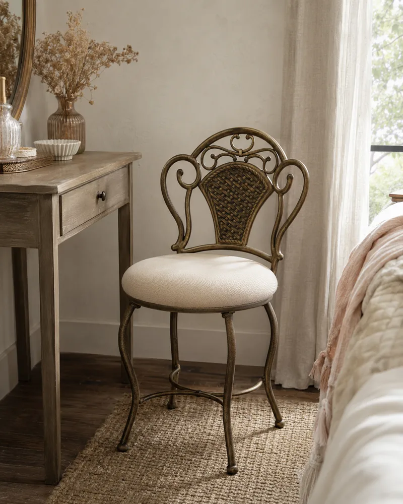 Antique bronze vanity chair beside a styled writing desk in a soft-lit bedroom