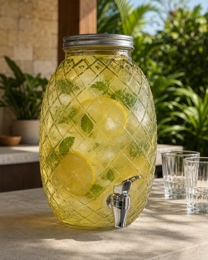 Glass beverage dispenser with a pineapple-cut texture, filled with lemonade on an outdoor counter