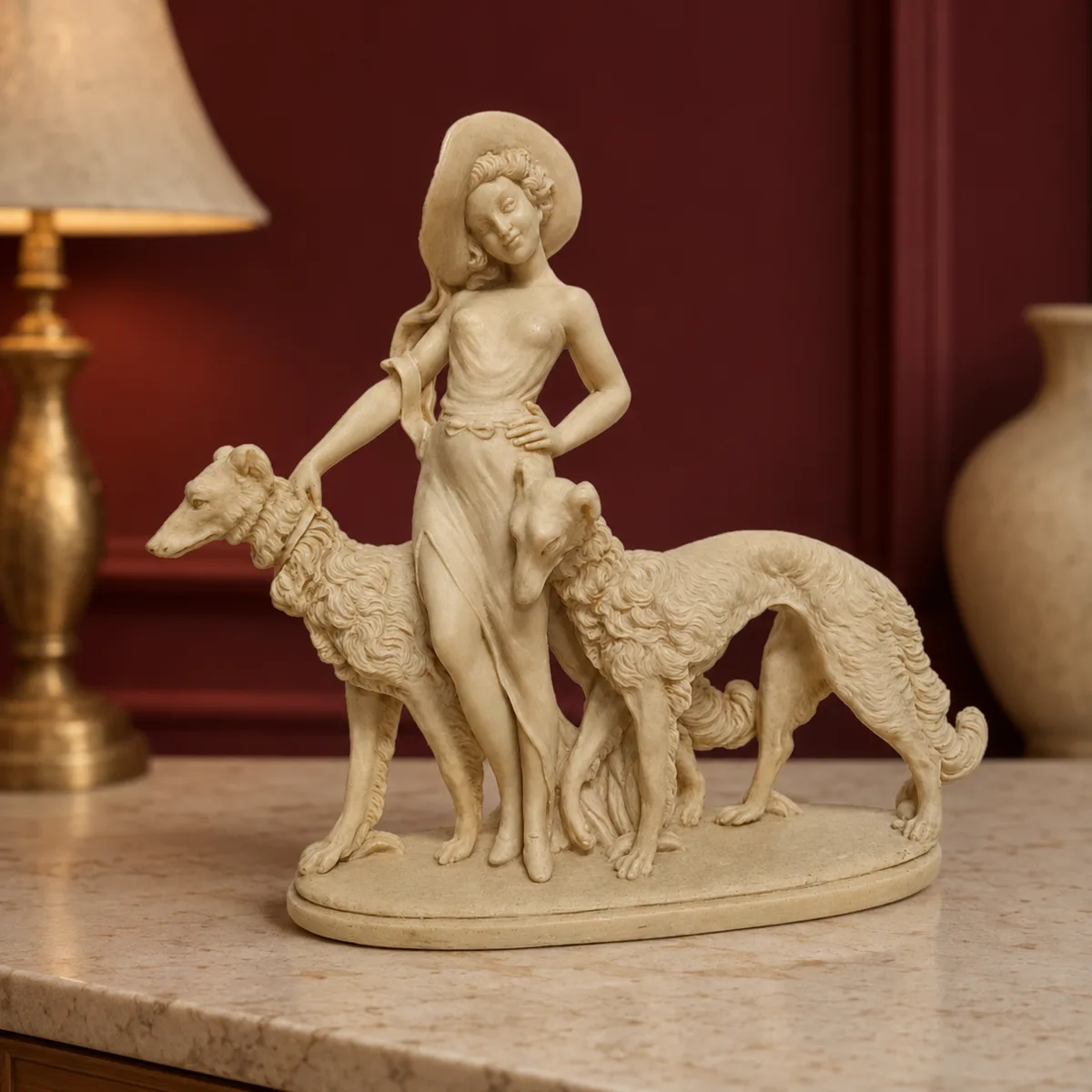 Cream Art Deco figurine of a woman with two borzoi dogs against a burgundy panelled wall