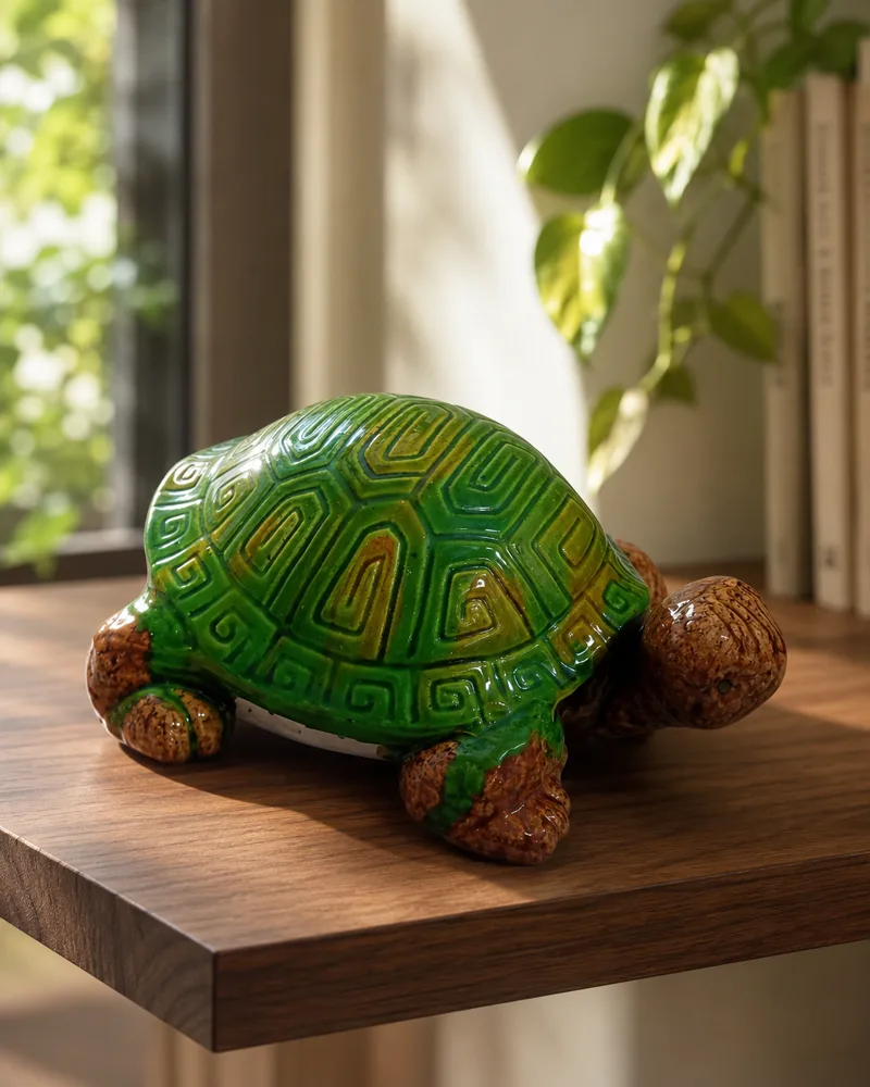Emerald green ceramic turtle with a carved maze-pattern shell on a wooden shelf