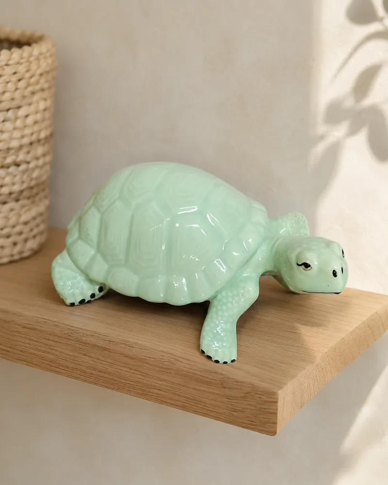 Glossy mint-green ceramic turtle with painted details on a light oak shelf