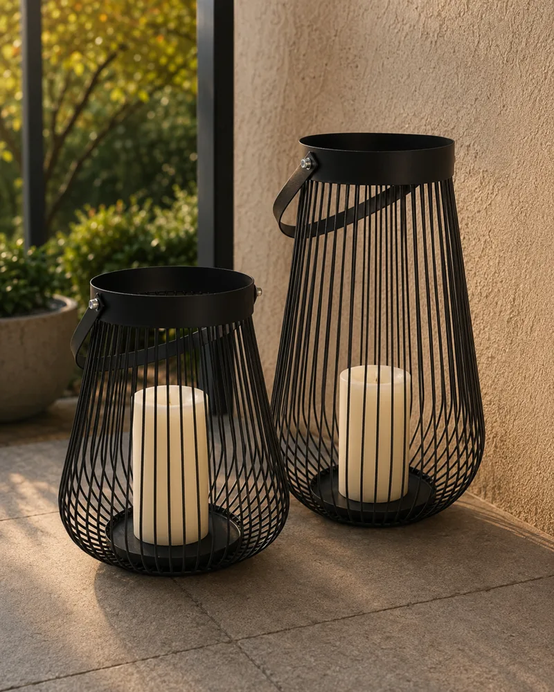 Pair of black wire hurricane lanterns with pillar candles on a stone patio at sunset