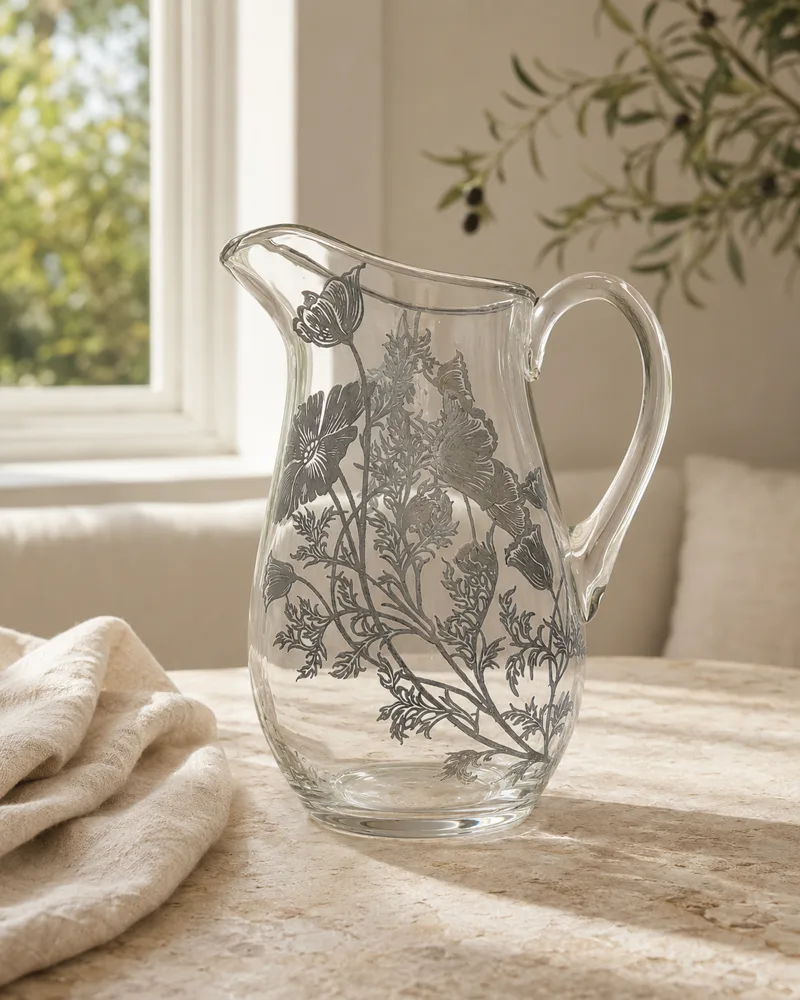 Clear glass pitcher with a silver floral overlay on a sunlit breakfast table