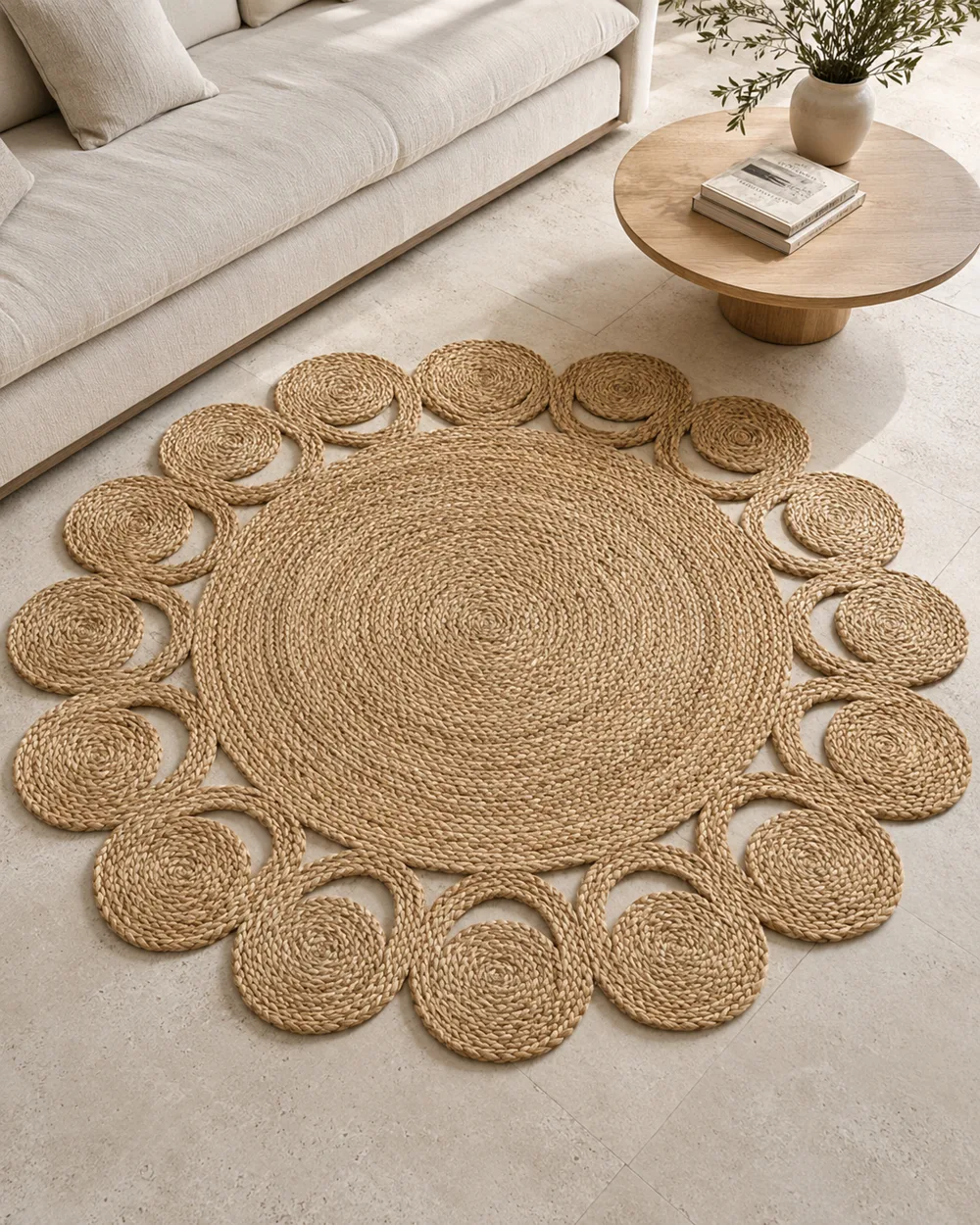 Large round woven jute rug with a ring border in a bright neutral living room