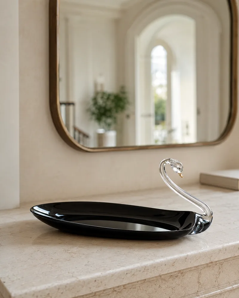 Black glass swan dish with a clear crystal neck on a marble ledge beneath a brass mirror