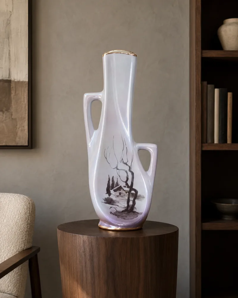 Tall pearlescent sculptural vase with a hand-painted landscape, on a walnut pedestal