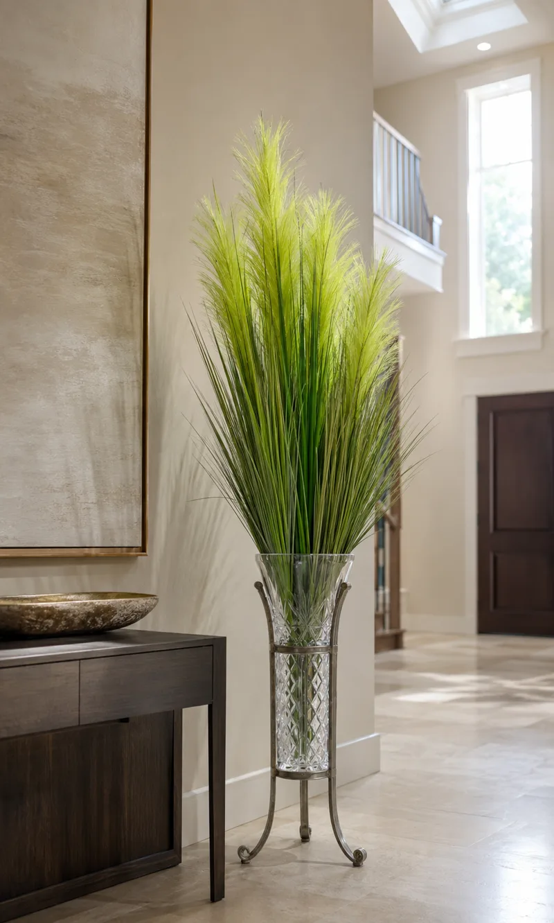 Tall cut-glass vase in a scrolled metal floor stand with ornamental grasses in a bright foyer