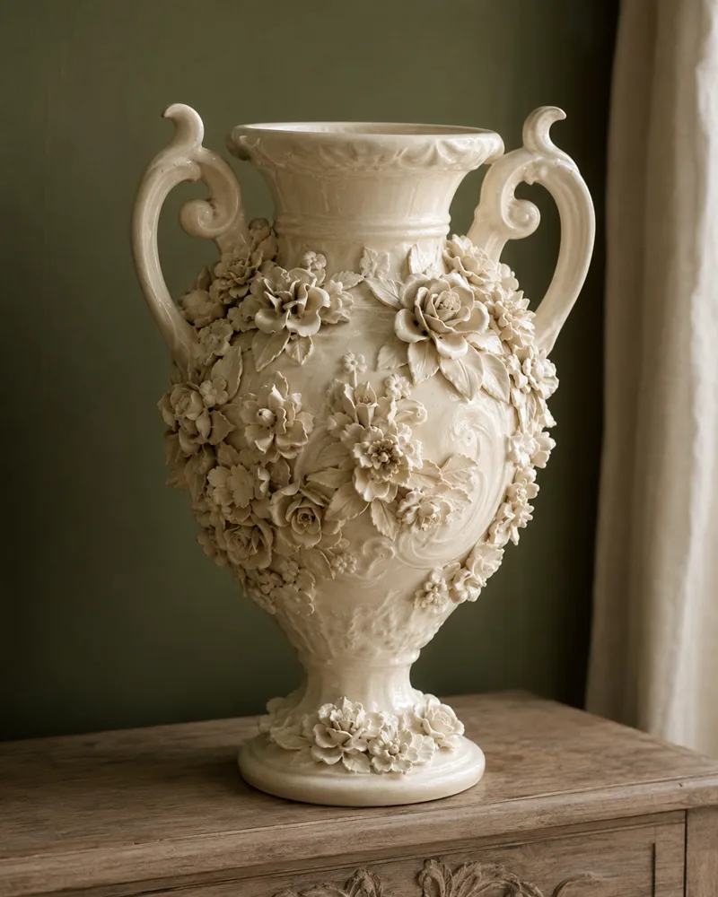 Ivory ceramic urn covered in sculpted porcelain roses on a carved wooden console